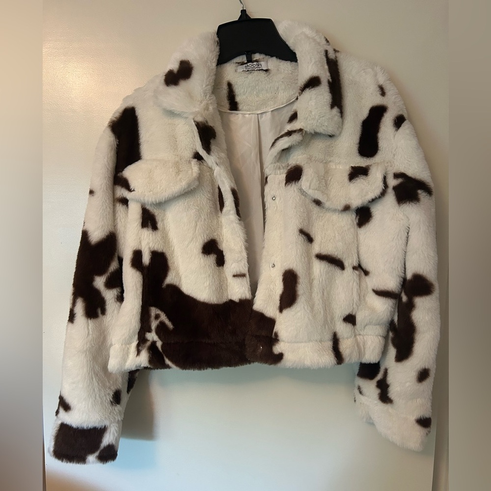 Faux Fur Cow Print Puffer Jacket
